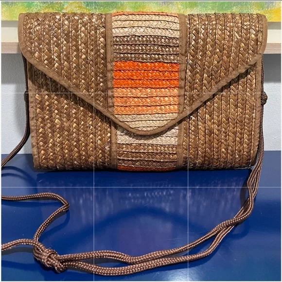 Waves Straw Wicker Purse Envelope Clutch Bag Brown Orange Vintage 70s 80s Lined - Picture 10 of 10